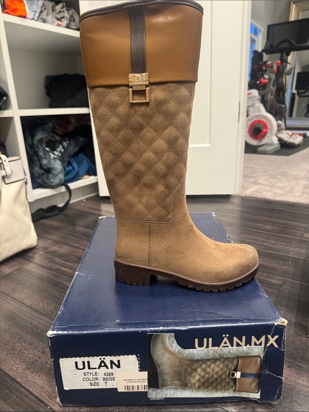 Ulan Beige Quilted Leather-Trim rain boot